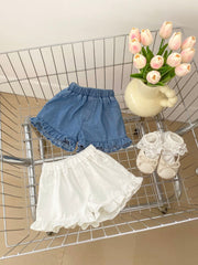 Summer Baby Girl Solid Color Ruffle Trim Denim Shorts