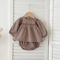 Autumn Hot Selling Baby Girls Long Sleeves Plaid Top Dress And Bloomer Clothing Set