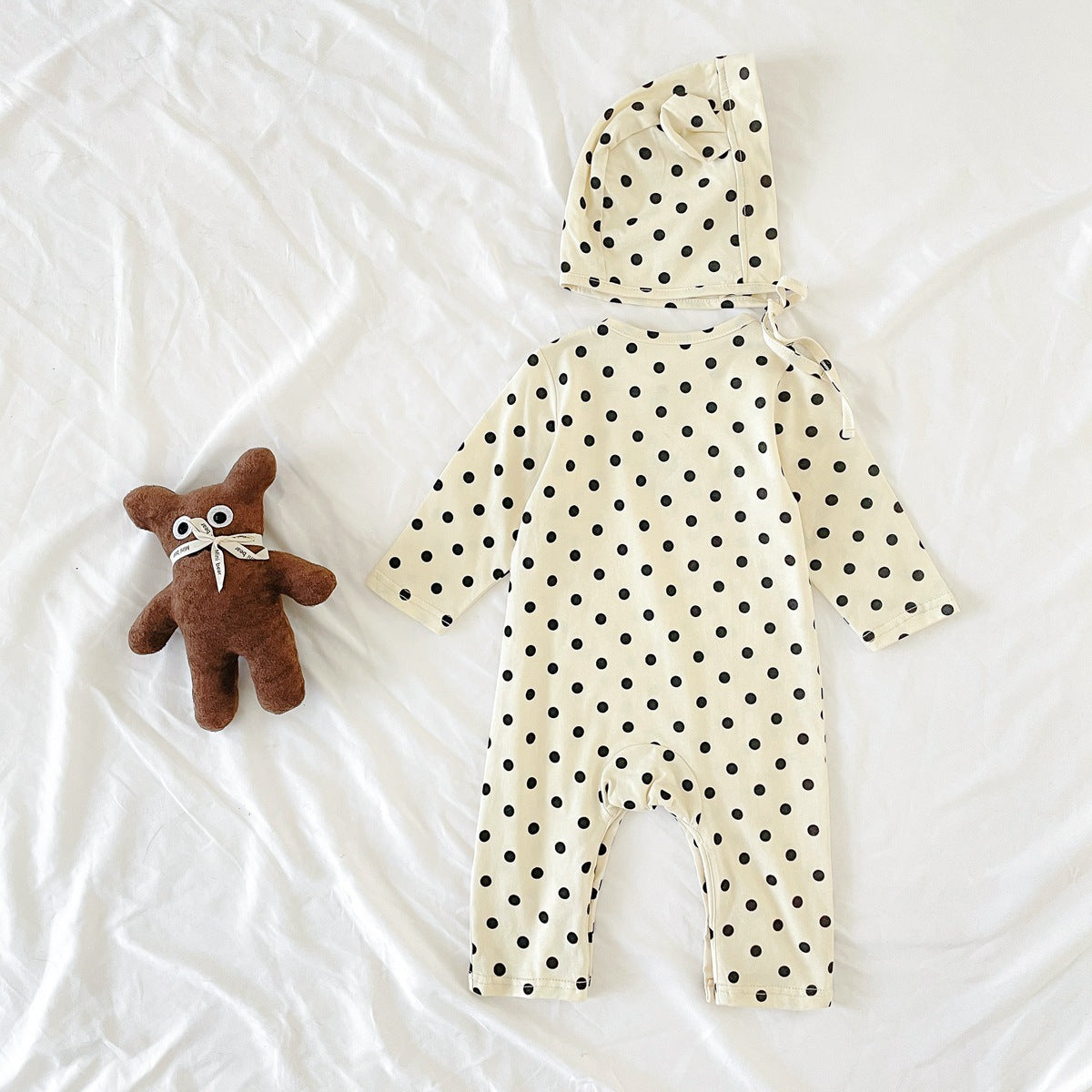 Baby Dot And Bear Pattern Long Sleeve Soft Cotton Jumpsuit