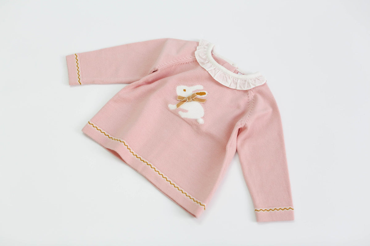 Baby Girl Bunny Print Pattern Ruffle Neck Long Sleeved Knitted Sweater