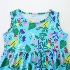 Summer Arrival Leaves and Animals Pattern Sleeveless Dress for Stylish Girls