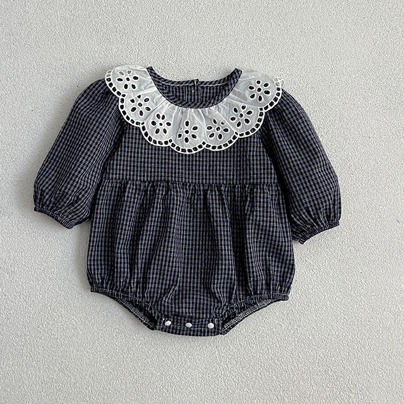 Lace Collar Grid Pattern Long Sleeve Bodysuit OR Dress For Toddler