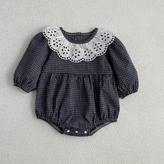 Lace Collar Grid Pattern Long Sleeve Bodysuit OR Dress For Toddler