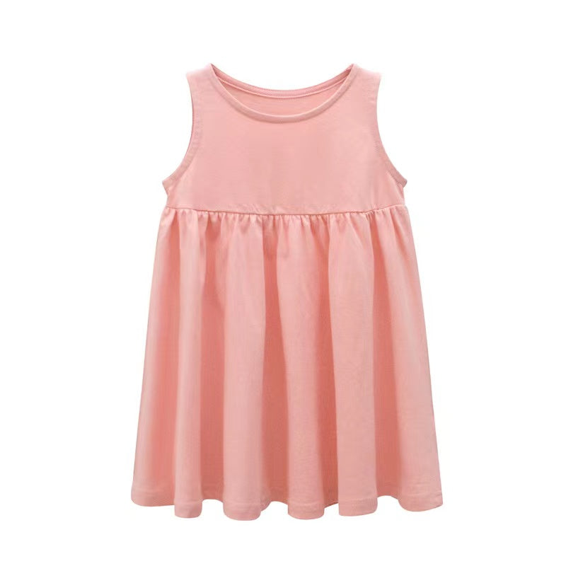 Baby Girls Solid Round Collar Design Sleeveless Dress In Summer