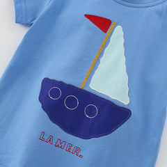 Summer Baby Kids Geometric Boat Pattern T-shirt and Shorts Clothing Set for Boys