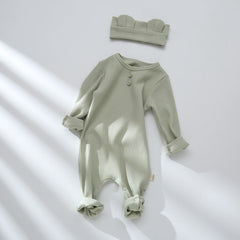 Baby Solid Color Pit Strip Graphic Long Sleeves Soft Cotton Romper Jumpsuit With Headband