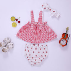 Baby Girl Plaid Pattern Sling Tops Combo Polka Dot Shorts With Handband Sets