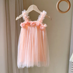 Summer Baby Kids Girls Sleeveless 3D Flowers Mesh Strap Dress