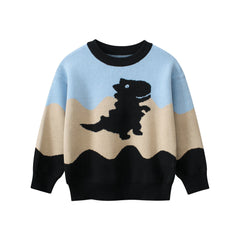 Baby Boy Kids Dinosaur Pattern Crew Neck Long Sleeves Color Patchwork Knitwear Pullover