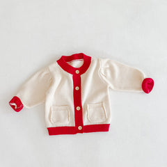 Baby Girl Contrast Pattern Buttoned Front Puff Sleeve Knitted Cardigan