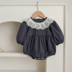 Lace Collar Grid Pattern Long Sleeve Bodysuit OR Dress For Toddler