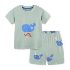 Summer Baby Kids Cartoon Animals Pattern T-shirt and Shorts Color Patchwork Clothing Set for Boys