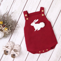Baby Girl 3D Bunny Embroidered Graphic Strap Knitted Onesies Bodysuit