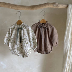 Arrival Baby Girls Vintage Floral/Plain Bow-Tie Lantern Sleeves Onesie