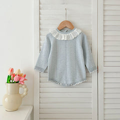 Autumn Design Baby Girls Long Sleeves Hollow-out Striped Pattern with Cute Collar Onesies