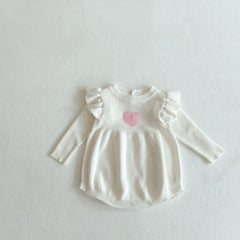 Baby Girl Heart Embroidered Pattern Ruffle Long Sleeve Knit Onesies