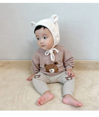 Baby Cartoon Bear Pattern Solid Color Or Striped Design Cotton Pants
