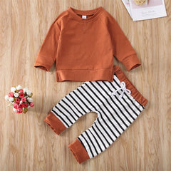 Baby Boy Solid Color Hoodie Combo Striped Pattern Trousers Sets