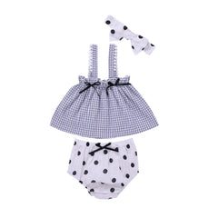 Baby Girl Plaid Pattern Sling Tops Combo Polka Dot Shorts With Handband Sets