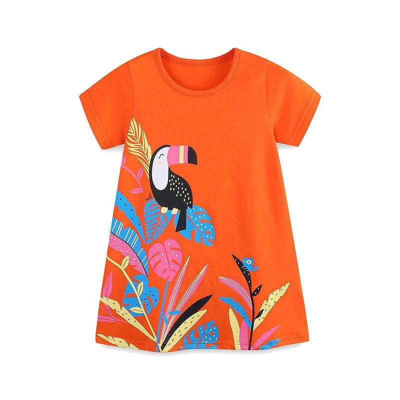 Summer Hot Selling Cute Bird Cartoon Pattern Short Sleeves Dress for Stylish Girls