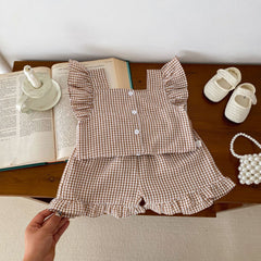 Summer Baby Kids Girls Plaid Shirt And Shorts Clothing Set