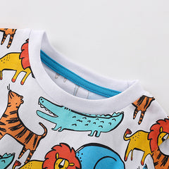Summer Baby Kids Cartoon Lions and Elephants Pattern T-shirt and Shorts Clothing Set for Boys