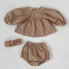 Baby Girl Plaid Pattern Loose Blouses WIth Shorts Headband Sets