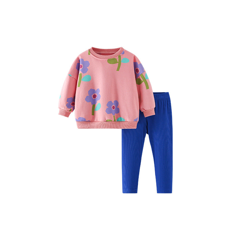 Spring and Autumn Girls Floral Pattern Long Sleeves Pullover and Blue Pants Clothing Set