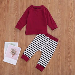 Baby Boy Solid Color Hoodie Combo Striped Pattern Trousers Sets
