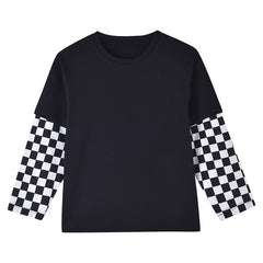 Baby Boy And Girl Plaid Pattern Fake 1 Pieces Sleeve Design Shirt