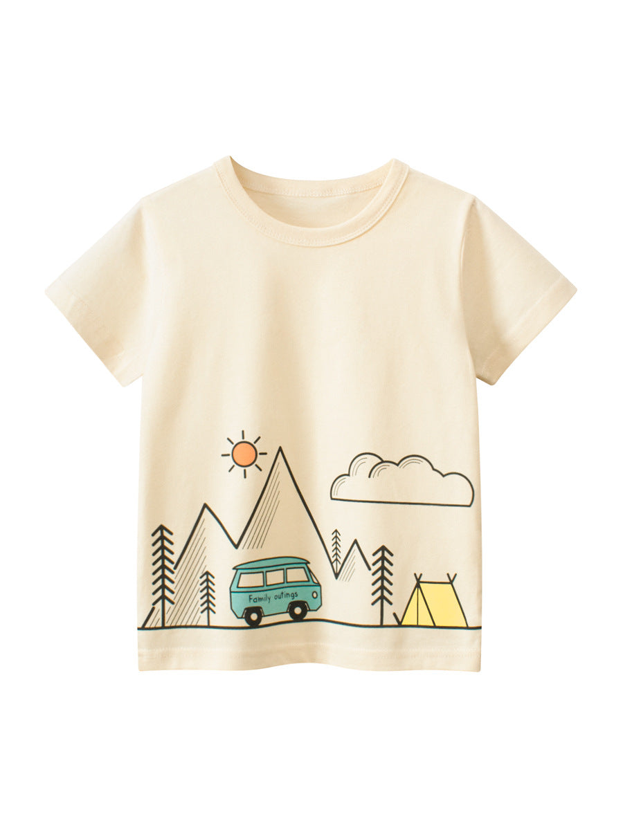 Boys Outing Scene Print T-Shirt In European And American Style For Summer
