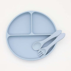 Baby Silicone Round Sucker Compartment Dinner Plate With Spoon Fork Sets