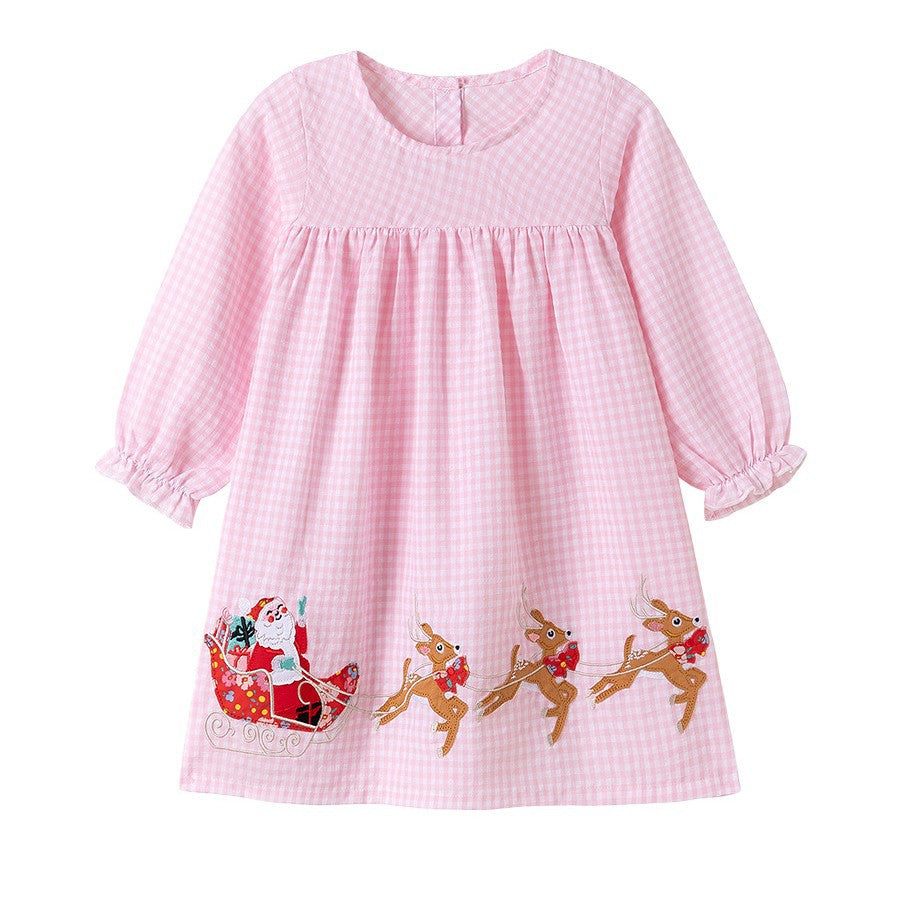 Autumn Arrival Cartoon Animals Christmas Pattern Long Sleeves Crew Neck Dress for Stylish Girls