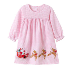 Autumn Arrival Cartoon Animals Christmas Pattern Long Sleeves Crew Neck Dress for Stylish Girls