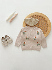 Autumn Arrival Baby Kids Girls Comfortable Flowers Embroiedery Pattern Knitted Long Sleeves Cardigan