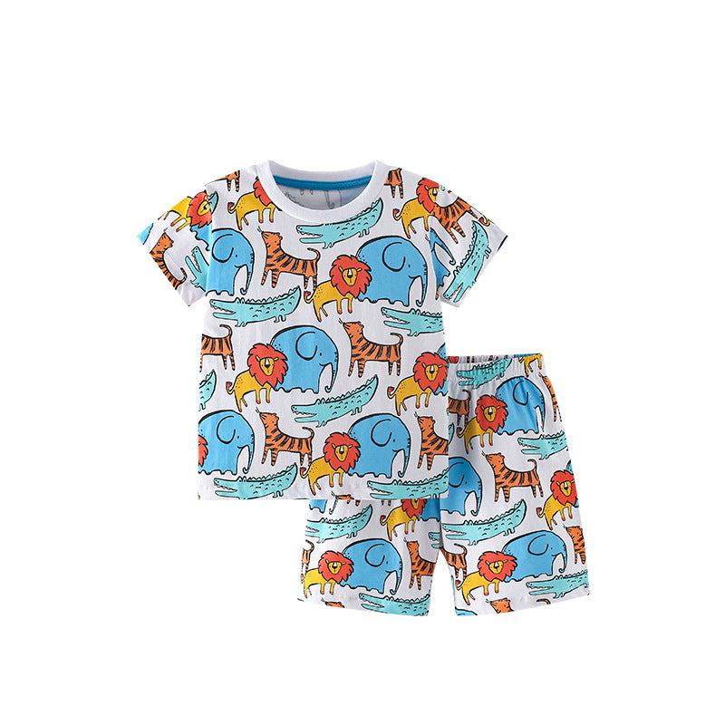 Summer Baby Kids Cartoon Lions and Elephants Pattern T-shirt and Shorts Clothing Set for Boys
