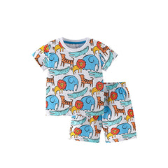 Summer Baby Kids Cartoon Lions and Elephants Pattern T-shirt and Shorts Clothing Set for Boys