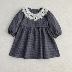 Lace Collar Grid Pattern Long Sleeve Bodysuit OR Dress For Toddler