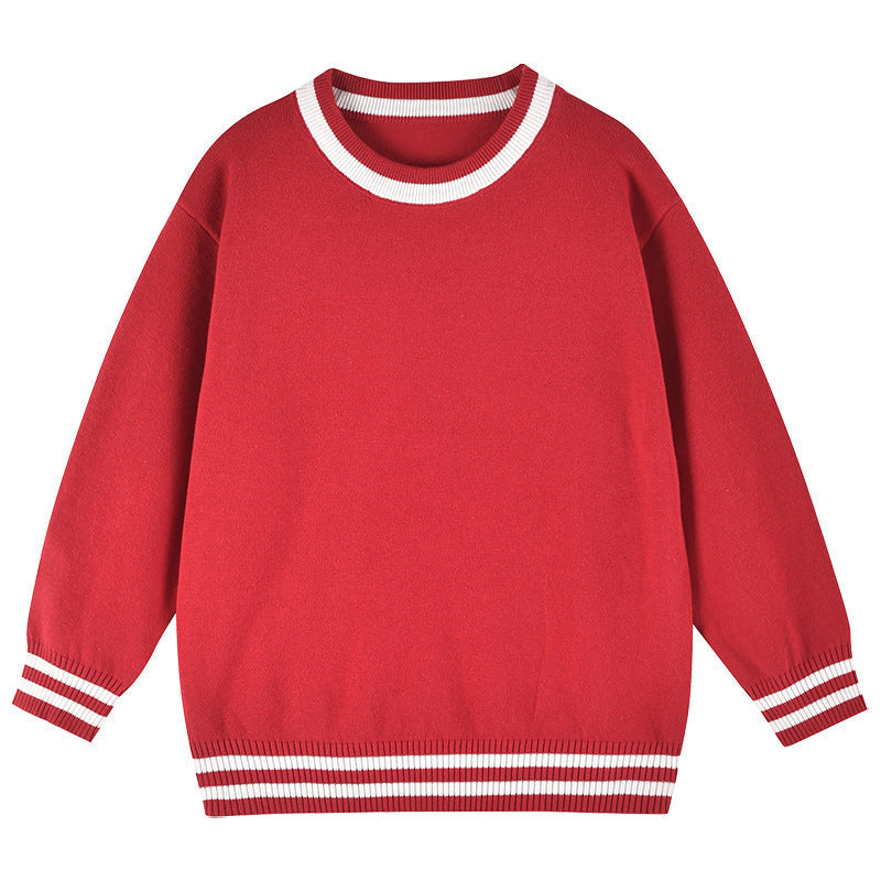 Baby Solid Color Striped Hem Design O-Neck Knit Sweater