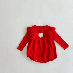 Baby Girl Heart Embroidered Pattern Ruffle Long Sleeve Knit Onesies
