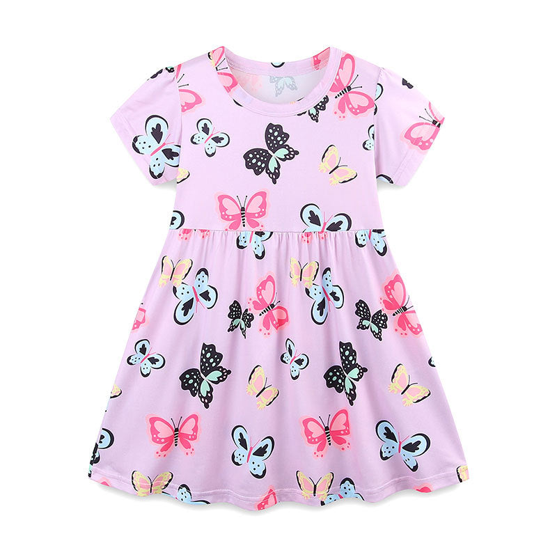 Summer Arrival Colorful Butterfly Pattern Short Sleeves Dress for Stylish Girls