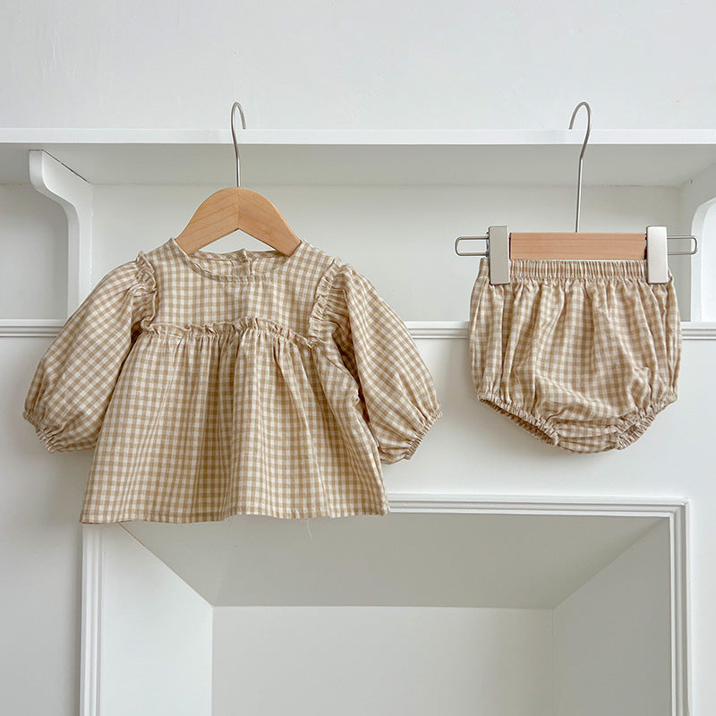 Autumn Hot Selling Baby Girls Long Sleeves Plaid Top Dress And Bloomer Clothing Set
