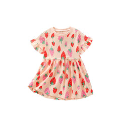Summer Arrival Strawberry Fruits Pattern Short Sleeves Dress for Stylish Girls