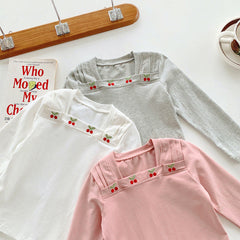 Autumn Design Kids Girls Square Neck Long Sleeves Cherry Embroidery Pattern Top Shirt