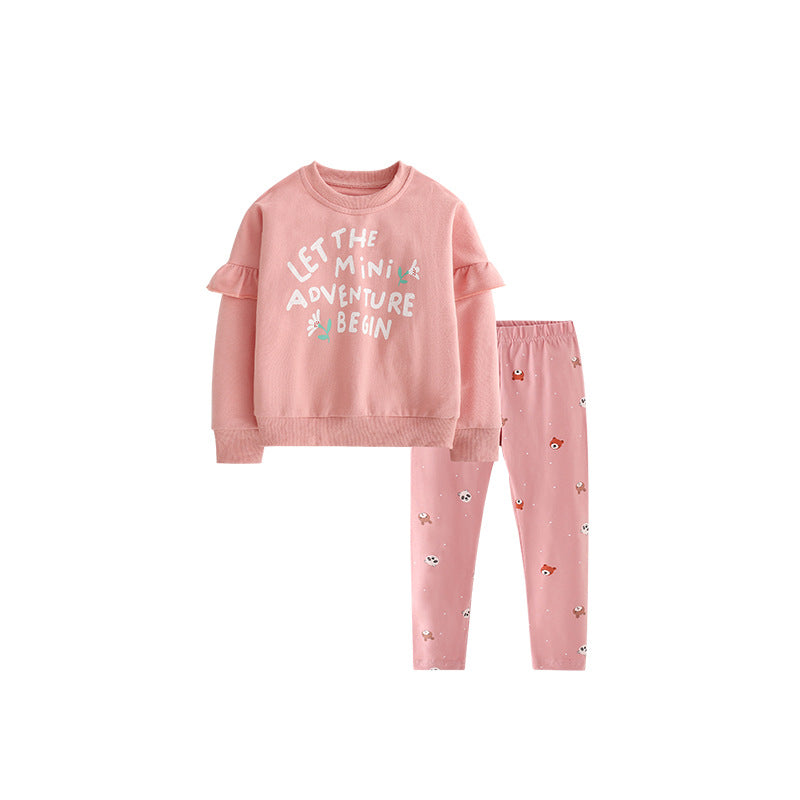 Spring and Autumn Girls Letters Pattern Long Sleeves Pullover and Cartoon Pants Clothing Set
