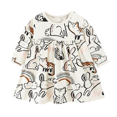 Baby Girl Cartoon Animal Pattern A-Line Design Loose Cotton Dress