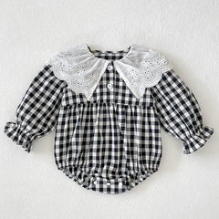 Autumn Baby Girls French-style Flowers Pattern Collar Long Sleeves Plaid Onesies and Dress – Princess Sister Matching Set