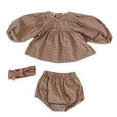 Baby Girl Plaid Pattern Loose Blouses WIth Shorts Headband Sets