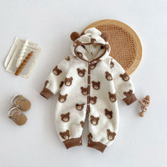 Winter Arrival Baby Cute Teddy Hooded Design Warm Fleece Rompers