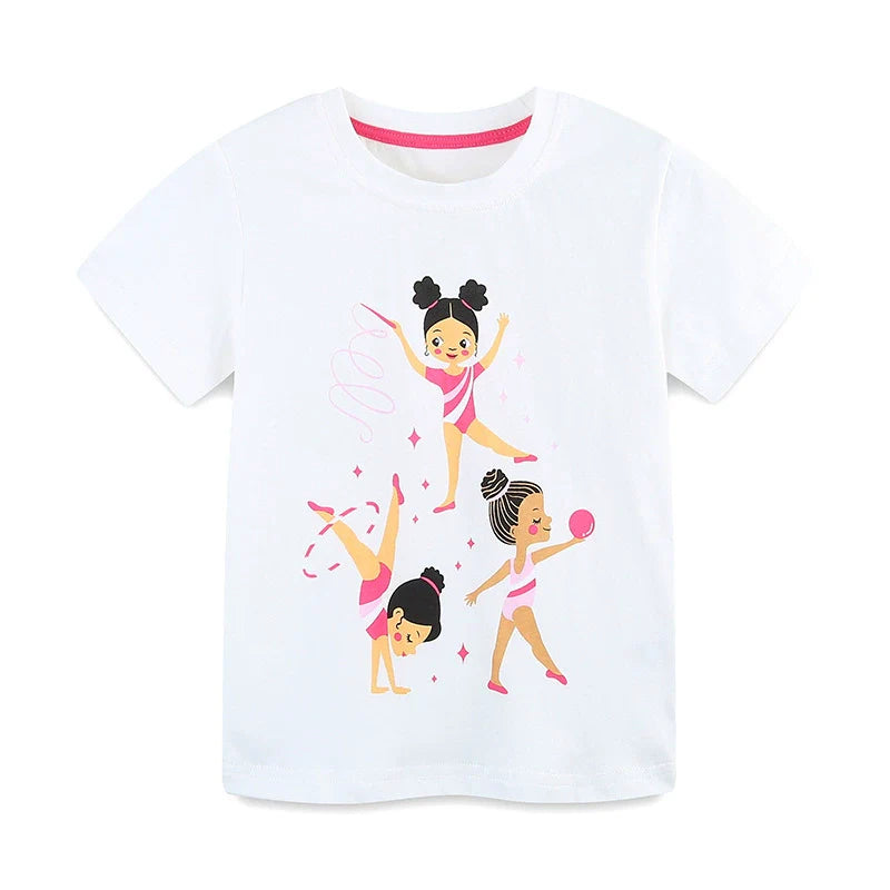 Summer Girls’ Rhythmic Gymnastics Cartoon Pattern T-shirt in European and American Style